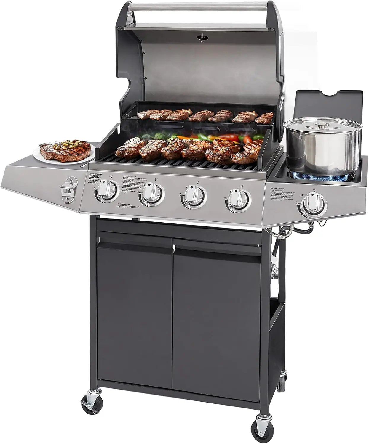 Unovivy 4-Burner Propane Gas Grill with Side Burner, Portable BBQ Grills with Oil Tray and Built-in Thermometer for Outdoor Barbecue, Camping, Patio, Backyard, 49,000 BTU by GreenHaven Gardens