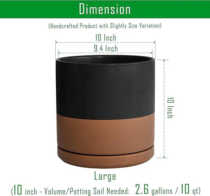 D'vine Dev Set of 2 Plants Pot, 10 Inch Ceramic Planter Pot for Plants with Drainage Hole and Saucer, Black/Speckled Tan, 94-V-E-7 by GreenHaven Gardens