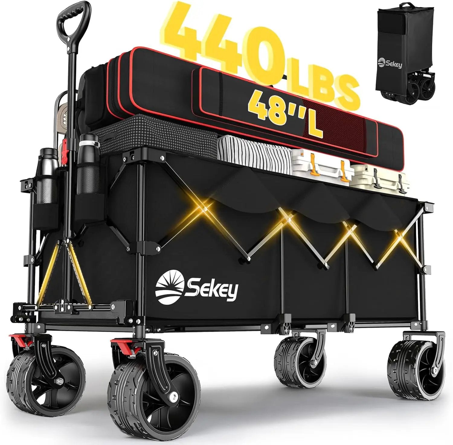 Sekey 48''L Collapsible Foldable Extended Wagon with 440lbs Weight Capacity, Heavy Duty 300L Folding Utility Garden Cart with Big All-Terrain Beach Wheels & Drink Holders. Black by GreenHaven Gardens