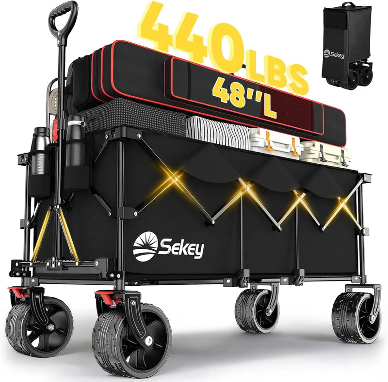 Sekey 48''L Collapsible Foldable Extended Wagon with 440lbs Weight Capacity, Heavy Duty 300L Folding Utility Garden Cart with Big All-Terrain Beach Wheels & Drink Holders. Black by GreenHaven Gardens