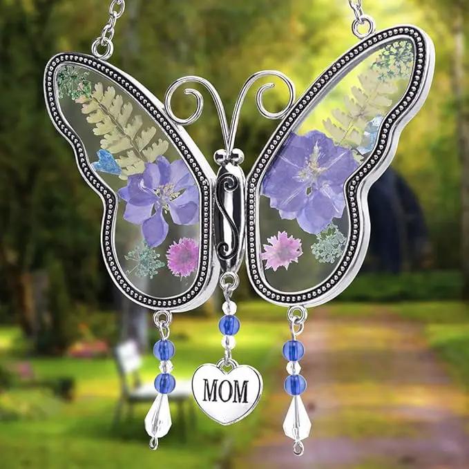 Laraine Butterfly Suncatcher with Pressed Colourful Flower Wings Mom Mother's Day Butterfly Glass Wind Chime Ornament Charm with Metal Heart Gifts for Mom Grandma Birthday (Purple Mom) by GreenHaven Gardens