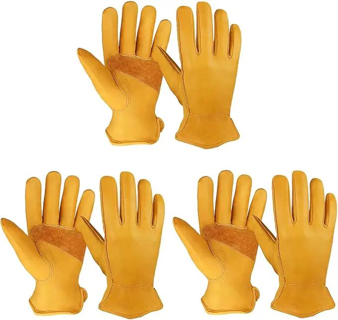 OZERO Leather Work Gloves for Men: 3 Pairs Cowhide Working Gloves Abrasion Resistant Driver Glove for Heavy Duty Yard Work DIY Women Gardening Glove Gold Large by GreenHaven Gardens