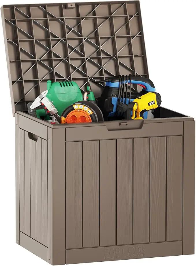 EAST OAK Outdoor Storage Box, 31 Gallon Deck Box, Waterproof Resin Storage Bin for Patio Cushions, Gardening Tools, Accessories, Lockable, UV Resistant, Brown by GreenHaven Gardens