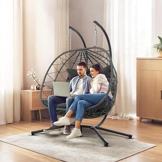 Double Egg Swing Chair with Stand, 2 Person Outdoor Indoor Hammock Hanging Chair with Cushion,Patio Wicker Hanging Egg Chair w/Cushion 700LBS Capacity for Bedroom, Balcony, Garden by GreenHaven Gardens