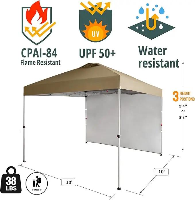 CROWN SHADES 10x10 Pop Up Canopy with 1 Side Wall - Beach Tent with One Push Setup - Outdoor Sun Shade for Events, Parties, Camping - Gazebo with STO-N-Go Cover Bag (Beige) by GreenHaven Gardens