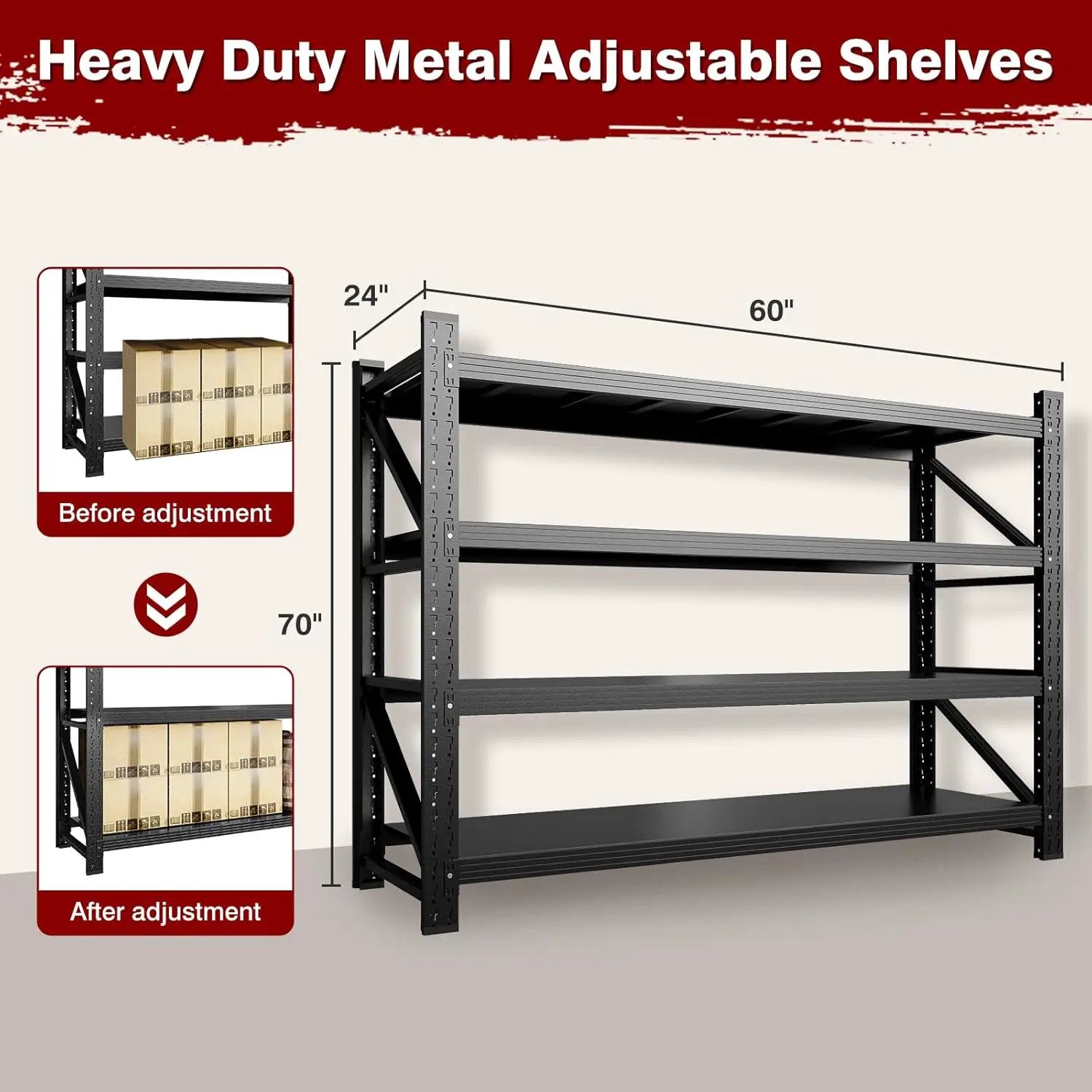 5000LBS Metal Steel Storage Shelves - 60" W Black 4 Tier Heavy Duty Rack Commercial Industrial Shelving with Adjustable Shelf for Basement Garage Warehouse - 60" W x 24" D x 70" H by GreenHaven Gardens