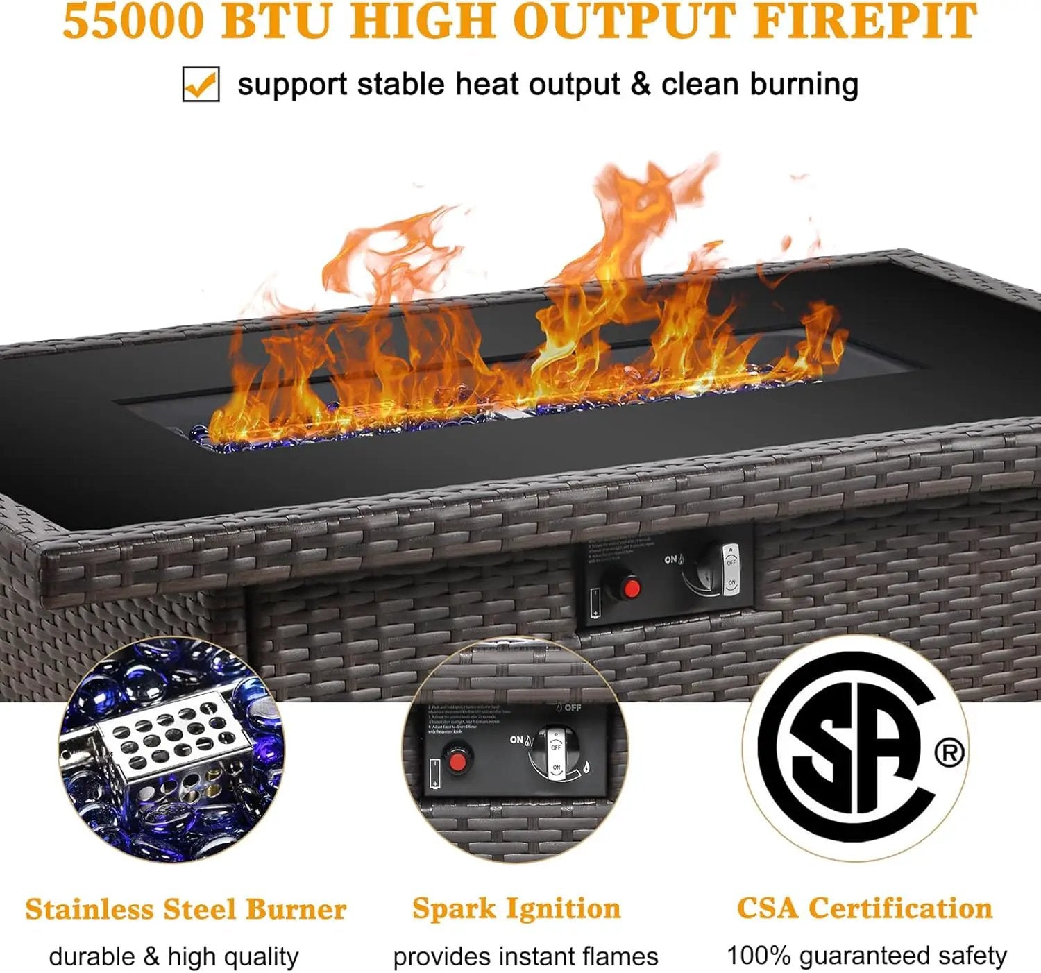 LayinSun 44" Propane Gas Fire Pit Table, 55000 BTU Rectangular Fire Pit with Glass Wind Guard for Outside Patio Deck Garden Backyard by GreenHaven Gardens