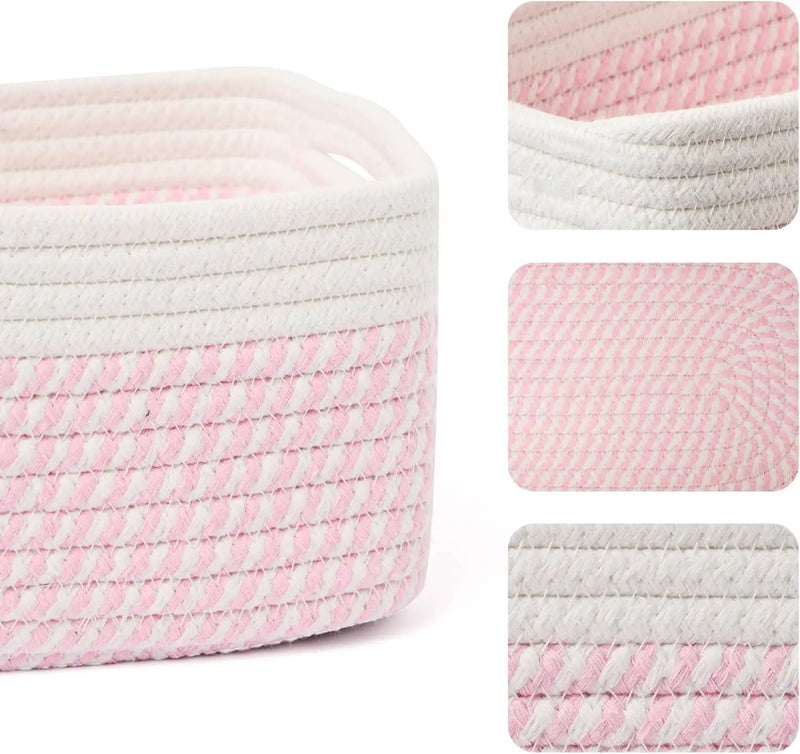 Small Storage Baskets for Organizing | Closet Organizer Bins | Shelf Toy Basket | Woven Rope Baskets | Cube Decorative Box | Shallow Basket | 13x8.5x5.1” | 3 Packs White Pink by GreenHaven Gardens