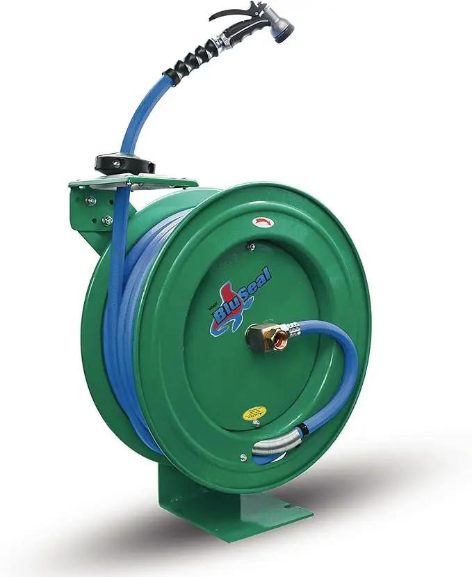 Auto Retractable Water Hose Reel with Hot & Cold Water Rubber Garden Hose, Spray Nozzle - Ultra Light, Super Strong with 6' Lead-in Hose (3/4” x 50’ Green) by GreenHaven Gardens