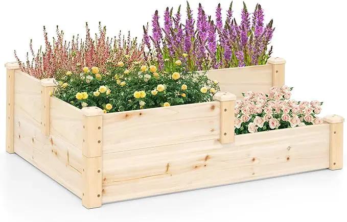 HAPPYGRILL 3-Tier Raised Garden Bed, Wood Elevated Planter Box w/Open-Ended Base, 3 Planting Depths& 2 Arrangement Options for Yard Lawn, Outdoor Planter Raised Beds for Vegetables Herbs Fruits by GreenHaven Gardens