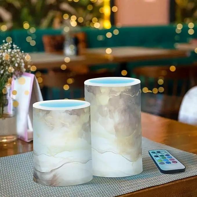 Flickering Flameless Candles, Brown White Marble LED Candles with Remote Timer, Set of 2 Battery Operated Candle for Valentine Wedding Birthday by GreenHaven Gardens