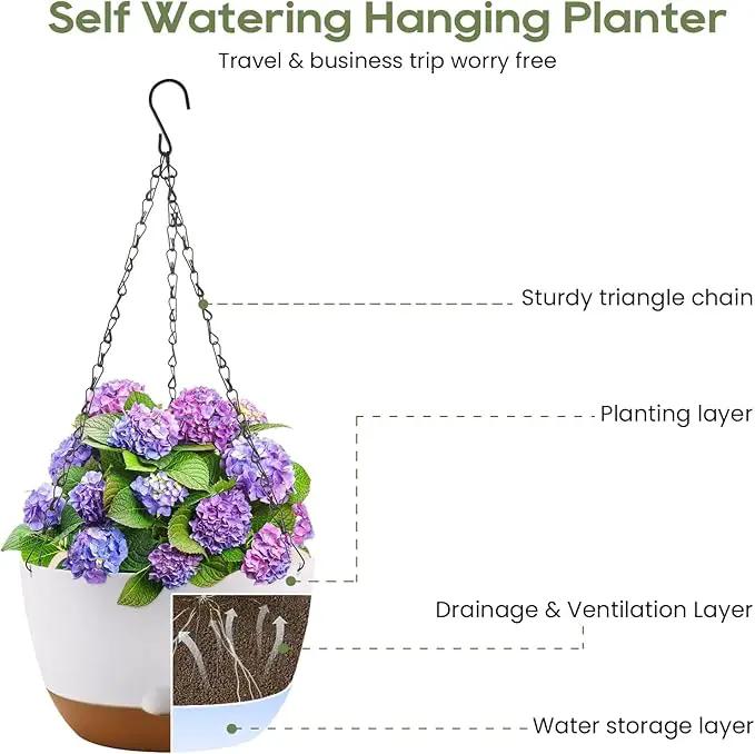 10 Inch Hanging Planter, 2 Pack Hanging Plastic Plant Self Watering Pot with Drainage Holes and Saucers, Hanging Baskets Flower Pots for Indoor Outdoor Garden Plants and Flowers-White by GreenHaven Gardens