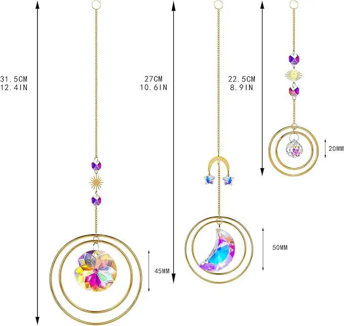 Set 3 Crystal Hanging Decorations - Sun & Moon Rainbow Crystal Suncatcher Window Car Hanging Prisms Ornament Pendant,Boho Love Wall Decoration,Home Garden Decor Gift by GreenHaven Gardens