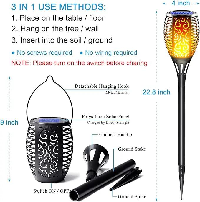 Solar Torch Lights Outdoor, Realistic Flickering Flame Solar Tiki Torches, 3-in-1 Fire Effect Hanging Lanterns with Detachable Hook, Auto On/Off for Garden, Pathway Lighting (4 Pack) by GreenHaven Gardens