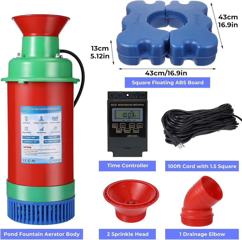 Pond Fountain Aerator with Time Controller-15000 GPH,110V 1HP 750W Floating Fountain Aeration System for Large and Small Ponds,Aerator Water Pump for Outdoor Ponds & Lakes with 15A/100FT Power Cord by GreenHaven Gardens