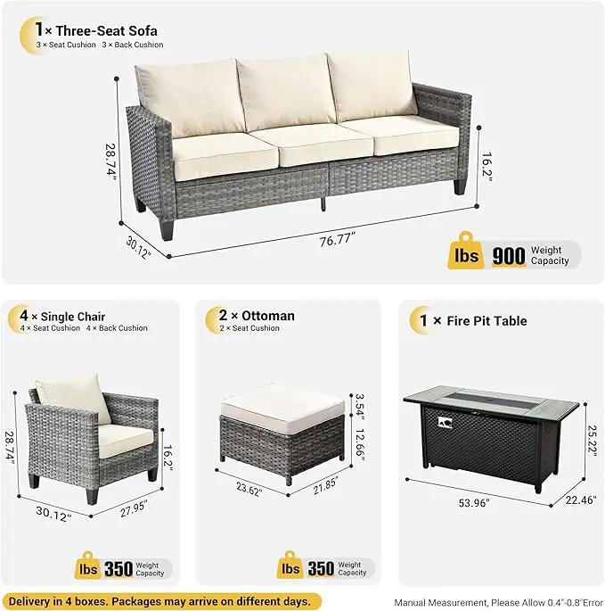 ovios 8 Pieces Patio Furniture Set with 54" Fire Pit Table, Outdoor Wicker Sofa with Comfy Cushions, All Weather High Back Rattan Couch Conversation Set, Beige by GreenHaven Gardens