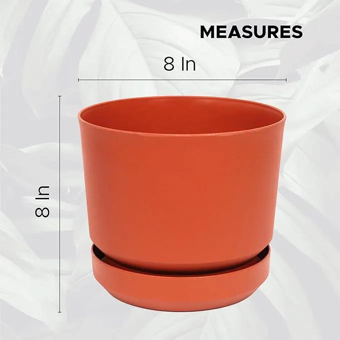 Elly Décor 8 inch Plastic Cylinder Planter Pot with Self-Watering Saucer and Drainage Hole,Lightweight & Extremely Durable, 8"x 8", Terracotta by GreenHaven Gardens