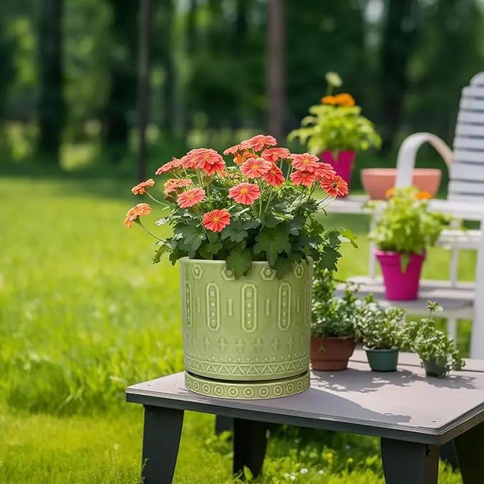 Ceramic Pot for Plants - 10 Inch Indoor Plant Pots with Drainage Holes and Saucer, Boho Round Planter Outdoor, Decorative Large Planter for Flower, Living Room Decor, Garden Gifts, Green by GreenHaven Gardens