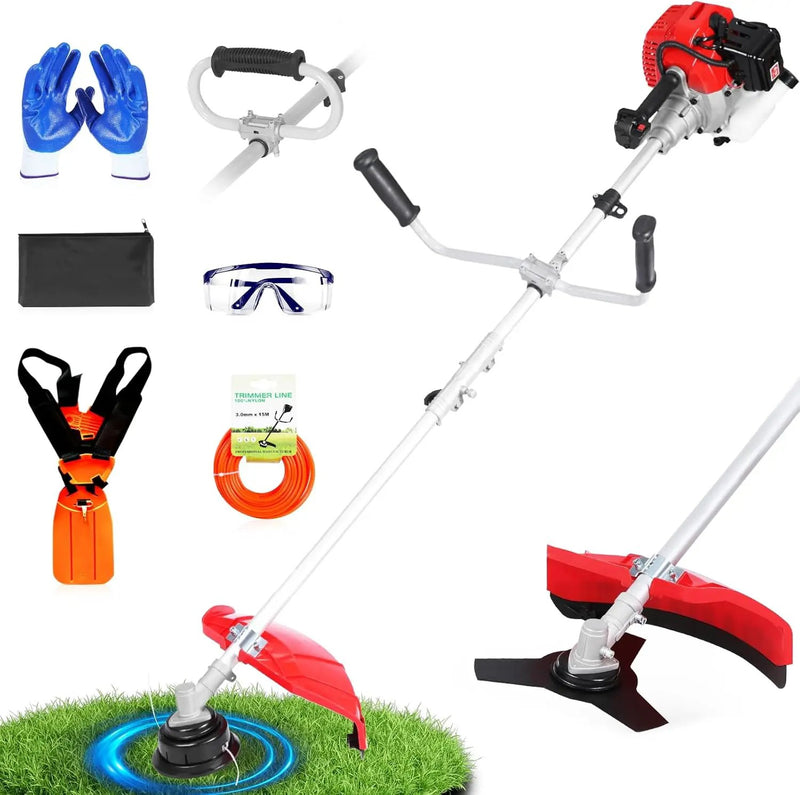 52cc Gas Powered Weed Eater and Brush Cutter 3-in-1, Heavy Duty Straight Shaft String Trimmer with Harness and 2 Heads for Tough Weeds, Grass, and Land Clearing (PT6082) by GreenHaven Gardens