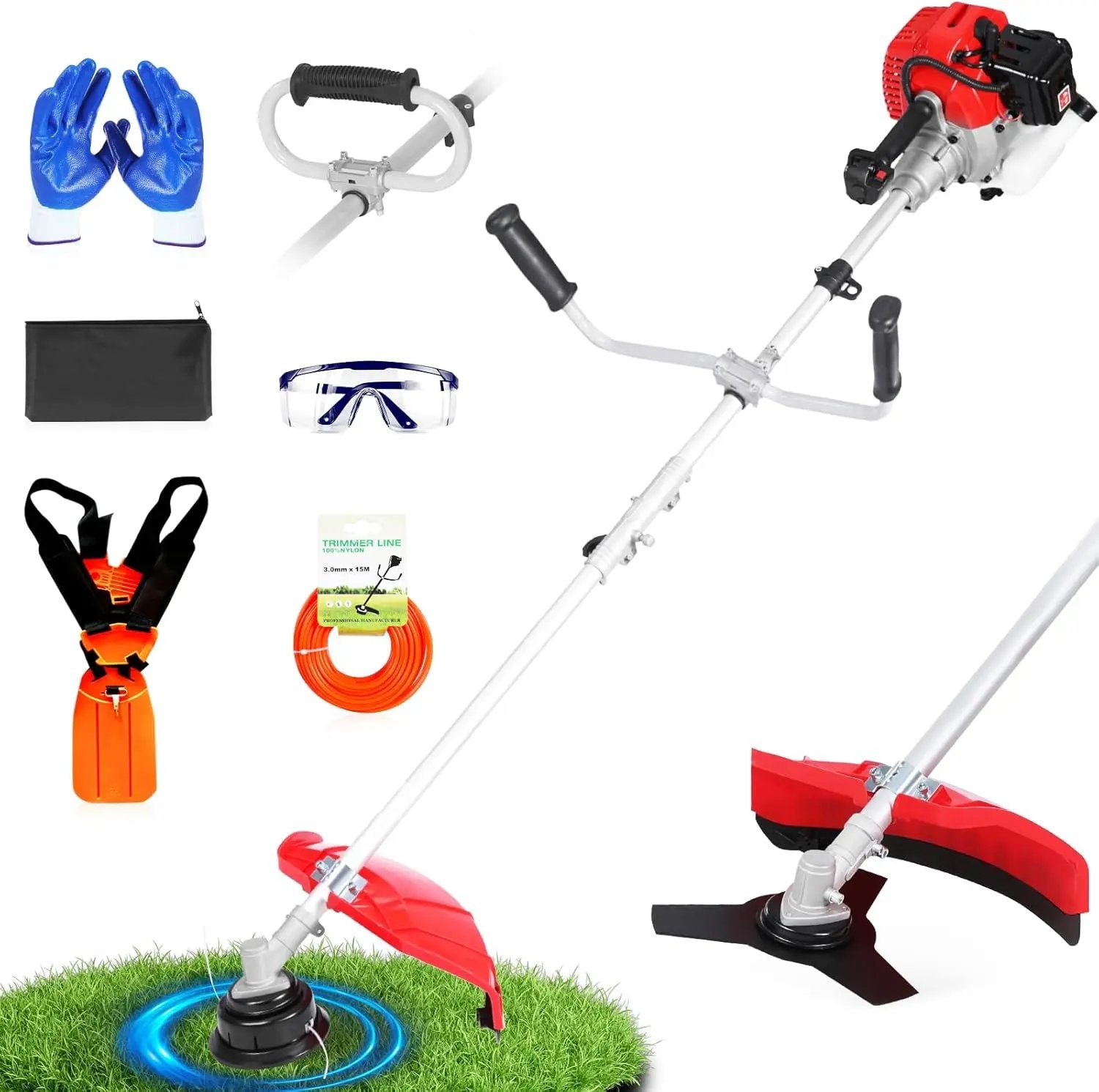 52cc Gas Powered Weed Eater and Brush Cutter 3-in-1, Heavy Duty Straight Shaft String Trimmer with Harness and 2 Heads for Tough Weeds, Grass, and Land Clearing (PT6080) by GreenHaven Gardens