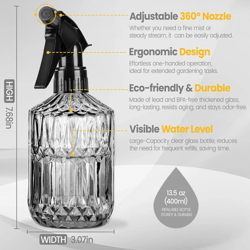 Plant Mister Spray Bottle, 13.5 oz Leak Proof Glass Spray Bottle for Inside Plants, Succulents, Herbs, Cleaning, Hair Care, Refillable Fine Mist Sprayer with Adjustable Mist Nozzle (Grey) by GreenHaven Gardens