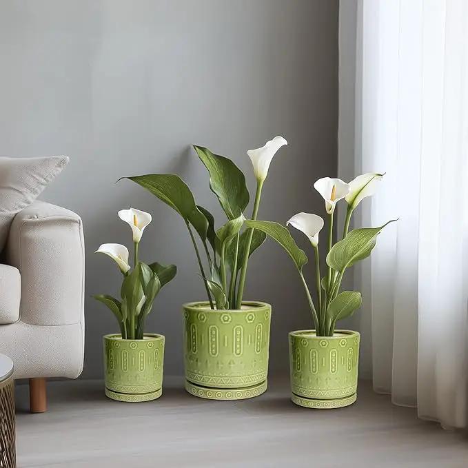 8 Inch Plant Pots - Ceramic Planter for Indoor Plants Outdoor, Round Ceramic Flower Pots with Drainage Hole and Saucer, Boho Decorative Planter, Home Bedroom Decor, Birthday Gifts, Green by GreenHaven Gardens