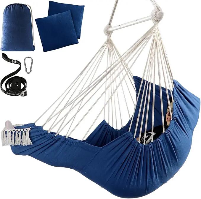 Chihee Hammock Chair Hanging Chair with Foot Rest 2 Cushions Max 500lbs Robust Metal Spreader Bar Collapsible Easy Storage Soft Cotton Swing Chair Strong Strap Iron Carabiner Side Pocket Included by GreenHaven Gardens