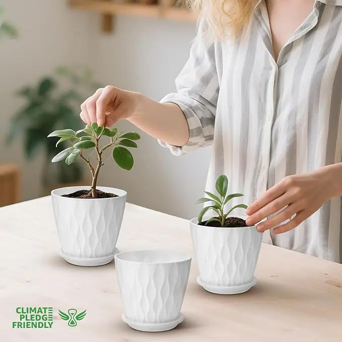 4 inch Plant Pots, 5 Pack Flower Pots Outdoor Indoor, Planters with Drainage Holes and Tray Saucers（White） by GreenHaven Gardens