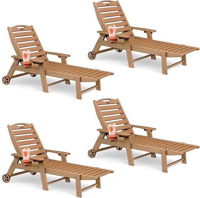 Lounge Chair Outdoor Set of 4 with Wheels, Adjustable 6-Position Chaise Lounge Outdoor, Patio Lounge Chair for Poolside Backyard, Teak by GreenHaven Gardens