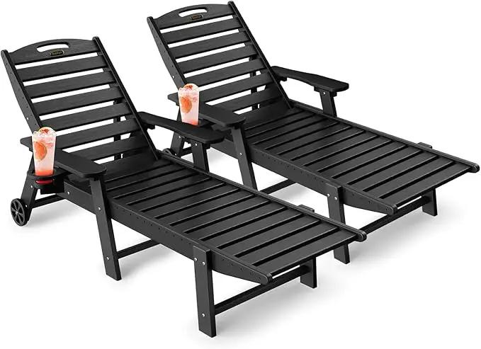 Lounge Chair Outdoor Set of 2, HDPE Chaise Lounge Outdoor with 6-Position & Wheels &Cup Holder, Pool Lounge Chair for Pool Poolside Deck Backyard Patio, Black by GreenHaven Gardens