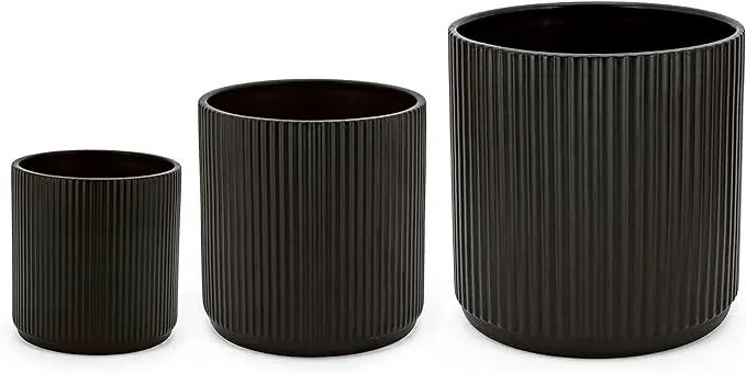 Amazon Basics Assorted Sizes Fluted Ceramic Round Planters, Set of 3, 6 inch, 8 inch, 10 inch, Black