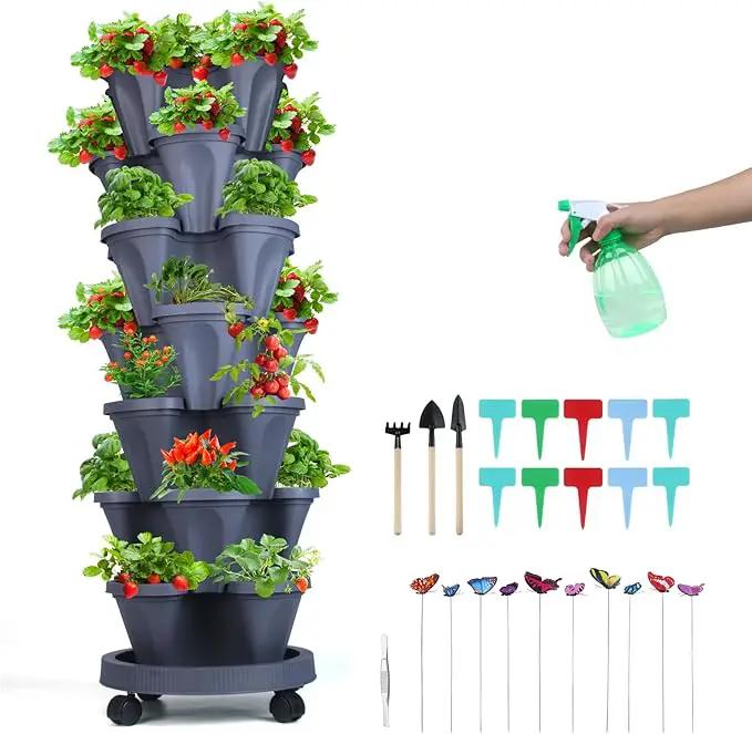 Vertical Planter, 7 Tier Stackable Strawberry Planter with Garden Tool Set, Movable Indoor/Outdoor Garden Herb Pot for Growing Vegetables and Succulents, Dark Gray by GreenHaven Gardens