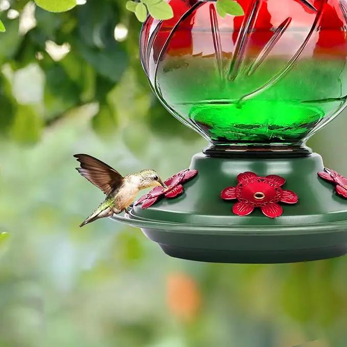 BOLITE Hummingbird Feeder, Glass Hummingbird Feeders for Outdoors Hanging, 22 Ounce, Five Feeding Ports with Perch, Peony Flower Shape, Red and Green, Gifts for Women Men, Gifts for Mom Dad by GreenHaven Gardens