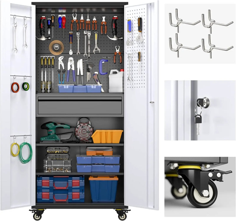 Aobabo Metal Storage Cabinet with Wheels and 1 Interior Drawer, Steel Rolling Tool Cabinet with 16 Hooks and 2 Adjustable Shelves for Garage, Home, Office, Kitchen, Black Gray, Assembly Required by GreenHaven Gardens