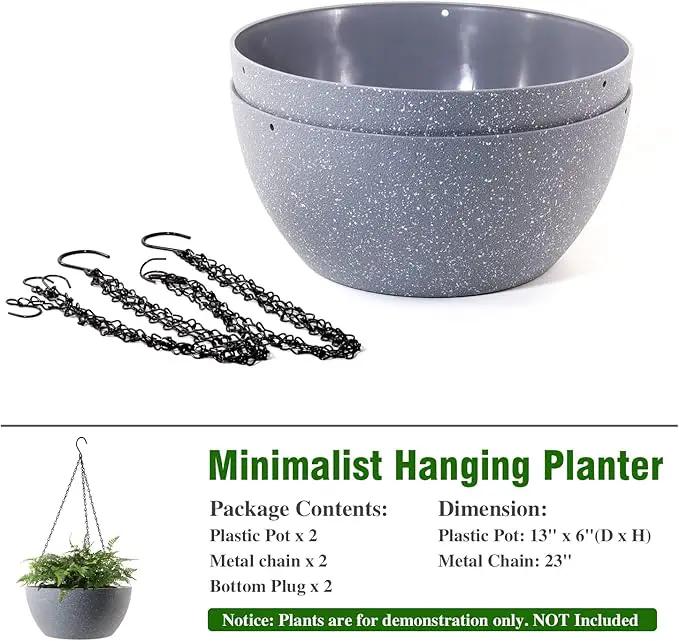 13 inch Large Hanging Planters Plant Pots for Outdoor Indoor Plants with Drainage Holes and Chain, 2 Pack Round Hanging Flower Pots for Garden Home Porch Decor, Speckled Grey by GreenHaven Gardens