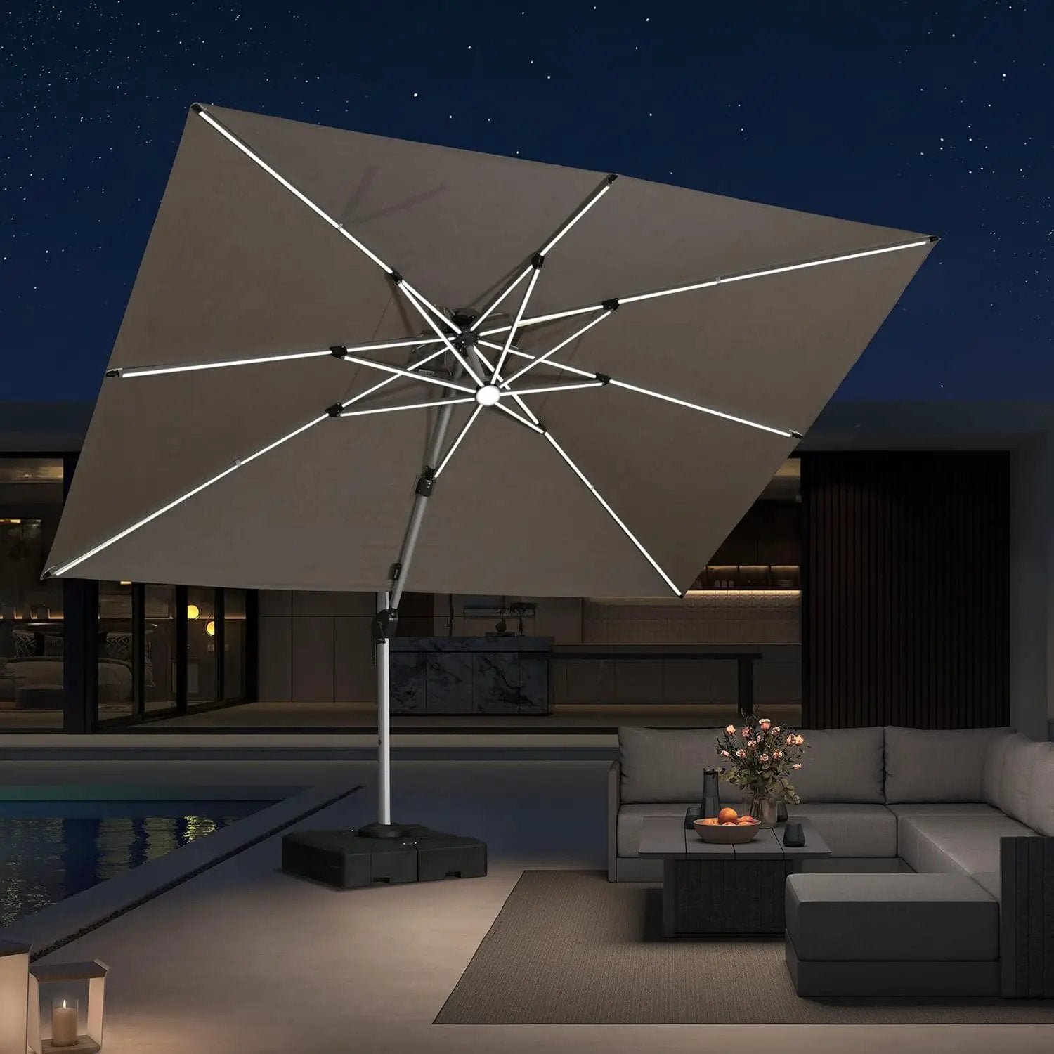 PURPLE LEAF 9' X 12' Solar Powered LED Patio Umbrella Cantilever Umbrellas Offset Double Top Hanging Outdoor Umbrella Market Umbrellas for Garden, Heather Taupe by GreenHaven Gardens