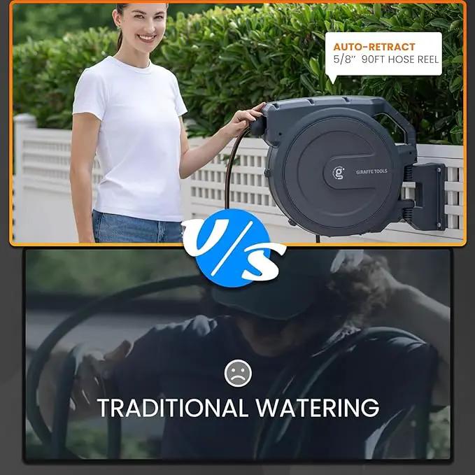 Giraffe Tools Retractable Hose Reel 5/8" x 90 ft Wall Mounted Garden Hose Reel Heavy Duty, Automatic Rewind, 180 Deg Swivel, Any Length Lock, 9 Pattern Nozzle, 90 ft, Dark Grey by GreenHaven Gardens