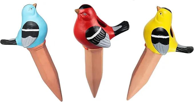 Terracotta Plant Self Watering Spikes - Set of 3 Terracotta Self Watering Bulbs, Self Watering Stakes, Self Watering Globes for Pot Plants (Birds Painted, Large) by GreenHaven Gardens