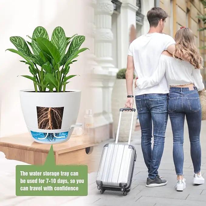 Large Self Watering Pots, 12/10/9 Plastic Planters with High Drainage Holes and Deep Reservoir for Indoor Outdoor Garden Plants and Flowers, White by GreenHaven Gardens