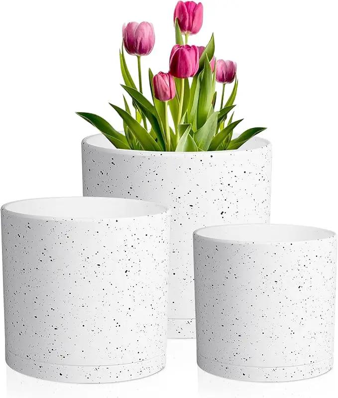 12/10/8 inch Large Plant Pots, 3 Pack Cylinder Deep Flower Pots for Outdoor Indoor Plants, Tall Plastic Planters with Drainage Holes and Saucers for Garden House Plants, Speckled White by GreenHaven Gardens
