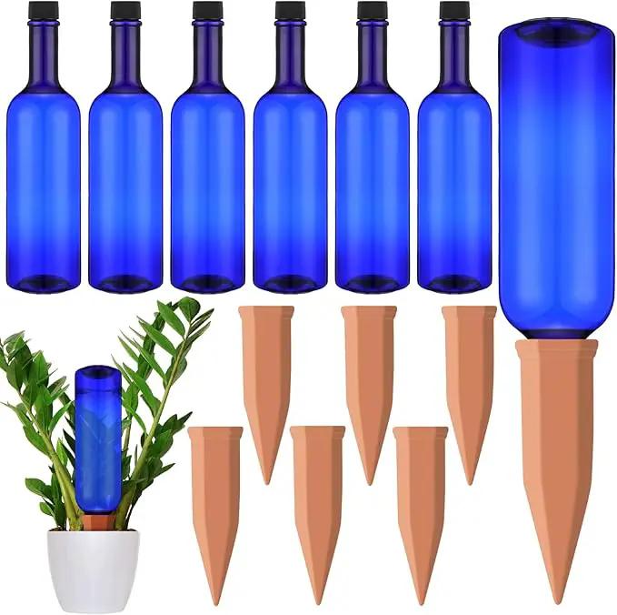 12 Pack Plant Watering Devices Include 6 Terracotta Self Watering Spikes and 6 Pcs 26 oz Plastic Bottles, Slow Release Vacation Insert Automatic Plant Waterer Device (Blue) by GreenHaven Gardens