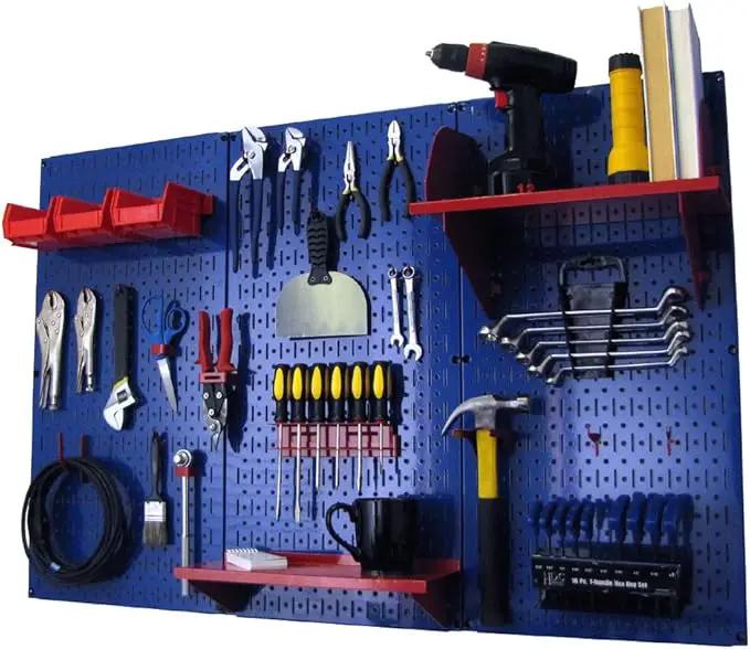 Wall Control Pegboard Organizer 4 ft. Metal Pegboard Standard Tool Storage Kit with Blue Toolboard and Red Accessories by GreenHaven Gardens