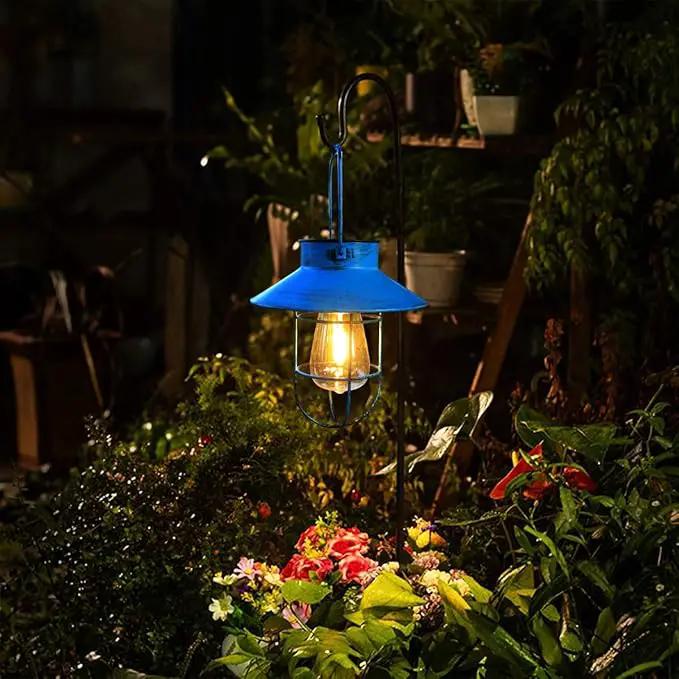 2 Pack Hanging Solar Lantern Lights with Shepherd Hook, Metal Waterproof Warm White Edison Bulb Lights for Garden Outdoor Pathway (Bule) by GreenHaven Gardens