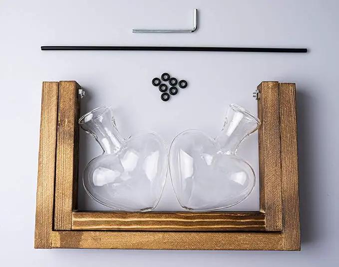 Kingbuy Glass Desktop Planter with Retro Wooden Stand and Plant Terrarium Vase (2 Hearts) for Indoor Home Office Desk Decor Accessories by GreenHaven Gardens