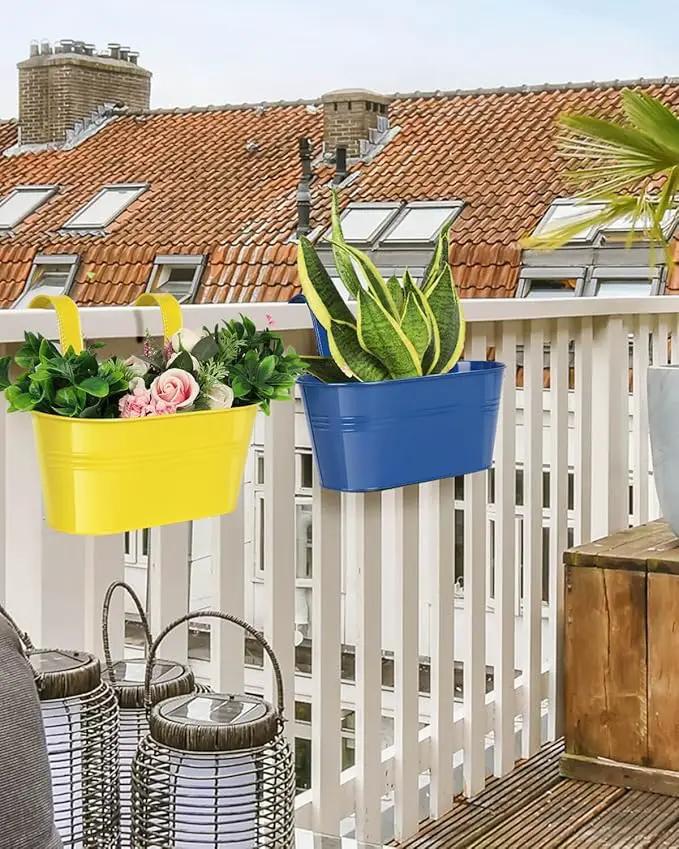 Metal Railing Planter for Outdoor Plants - 3 Pack Balcony Hanging Flower Pots with Detachable Hooks and Drain Holes Oval Bucket Rail Box Fence Planters for Home Garden Decor, Green Yellow Blue by GreenHaven Gardens
