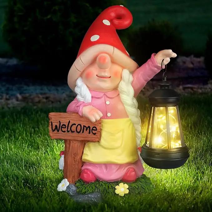 Solar Garden Gnome Statue Holding LED Lantern with Welcome Sign Outdoor Ornaments Waterproof Christmas Decoration for Outside Patio Yard Lawn Decor (Pink) by GreenHaven Gardens