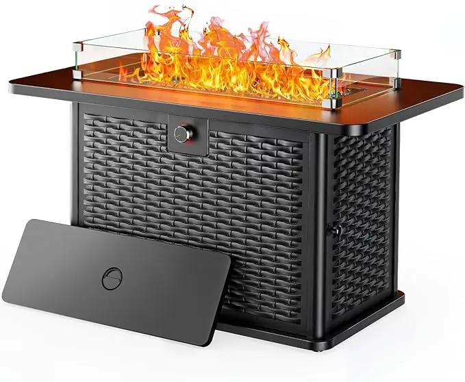Ciays 43-Inch Rectangular Propane Fire Pit with 60,000 BTU Output, Fire Pit Table Premium Gas for Outside Patio with 304 Stainless Steel H-Burner, Glass Stones, and Wind Guard,Black by GreenHaven Gardens