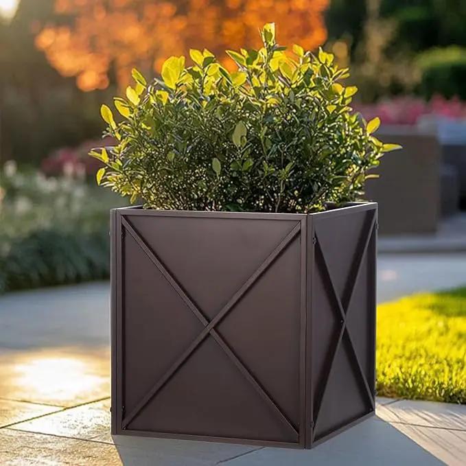 Metal Square Planter Box Tall Planters for Outdoor Plants Modern Heavy Duty with Drainage Holes for Outside Indoor Patio Deck - Brown, 17”x 17”x 18” by GreenHaven Gardens