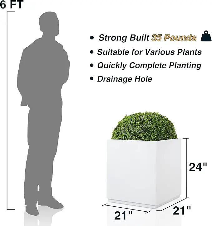 Metallic Heavy Planter Box for Outdoor or Indoor, No Assemble and Seamless, Large Square Planter, Cube Planter for Tall Trees, Plants, Flowers 21Lx21Wx24H 35Pounds White by GreenHaven Gardens