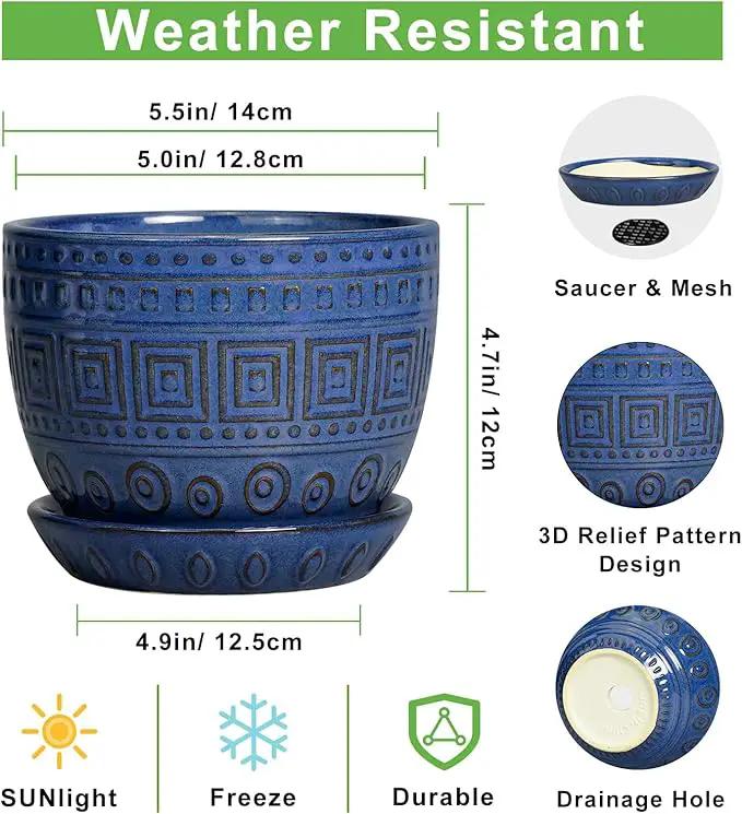 G EPGardening Plant Pots Indoor 5 Inch - Ceramic Pot for Plants with Drainage Hole and Saucer Round Planter Outdoor Modern Flower Pot Home Office Decor Blue by GreenHaven Gardens